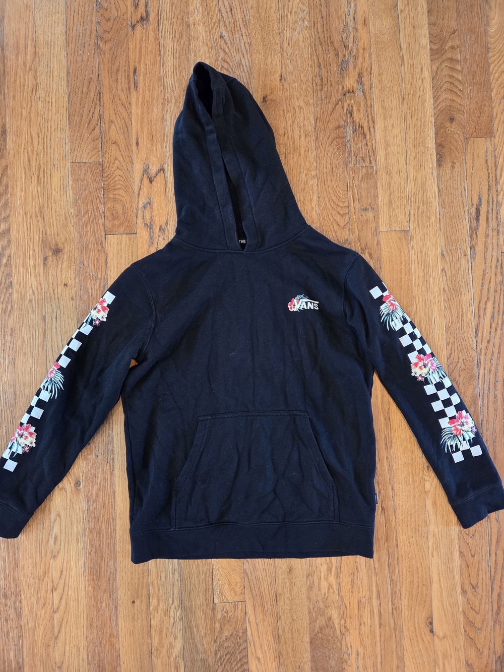 Vans Black Floral Checkerboard Graphic Sleeve Pullover Hoodie Size Large